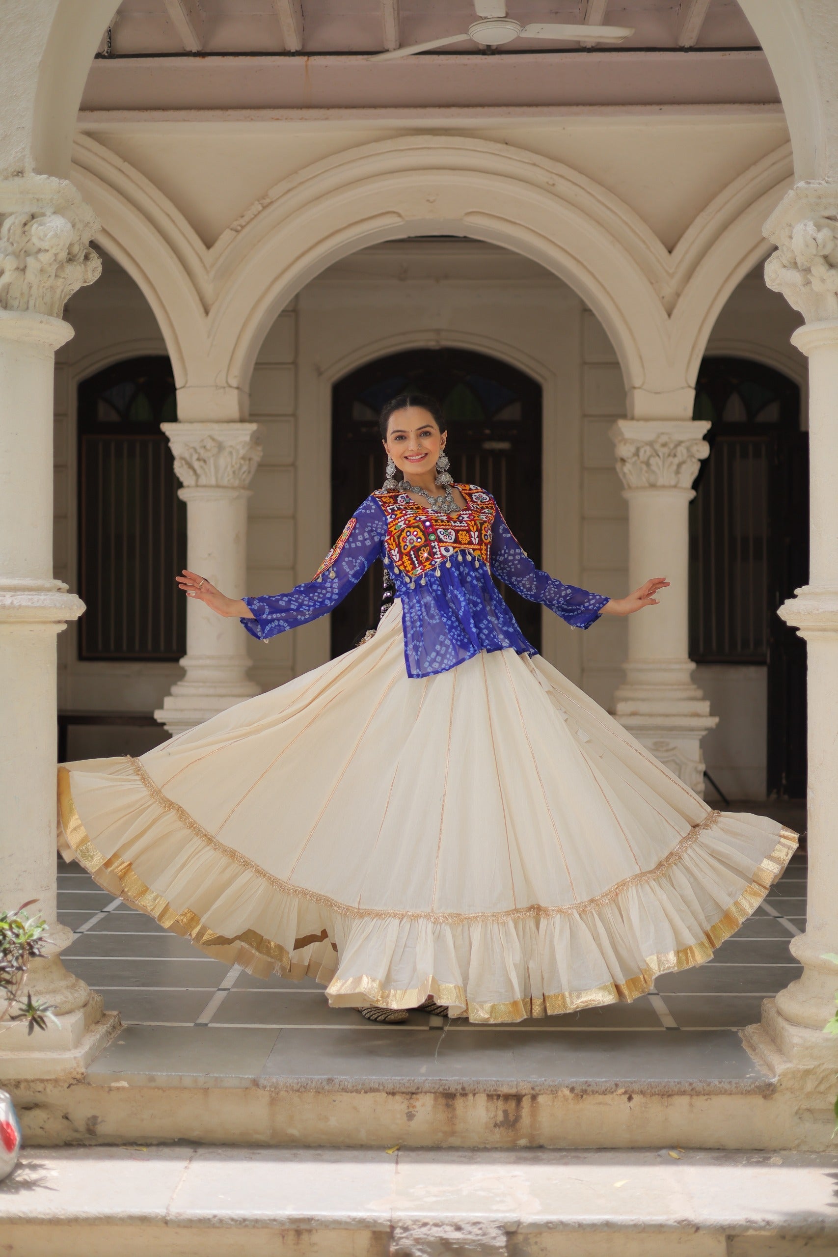 Prazu Fashion Blue Georgette Bandhani Print With Kutchi Gamthi Navratri Lehenga | Grocsy