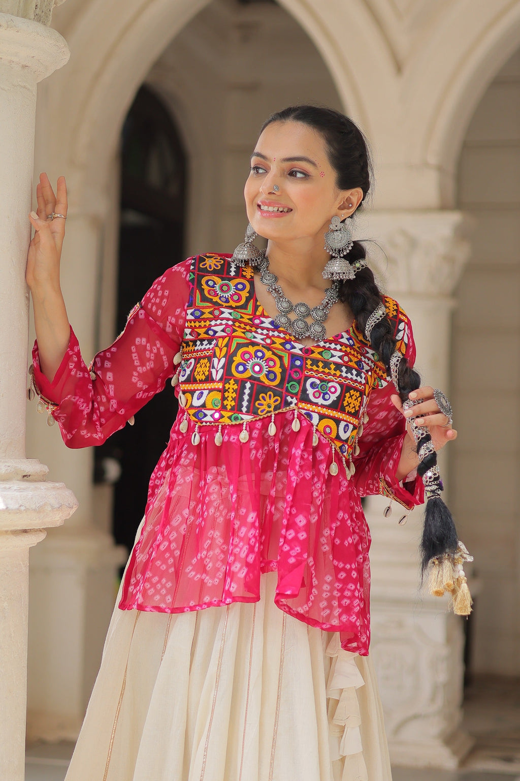 Prazu Fashion Pink Georgette Bandhani Print With Kutchi Gamthi Navratri Lehenga | Grocsy