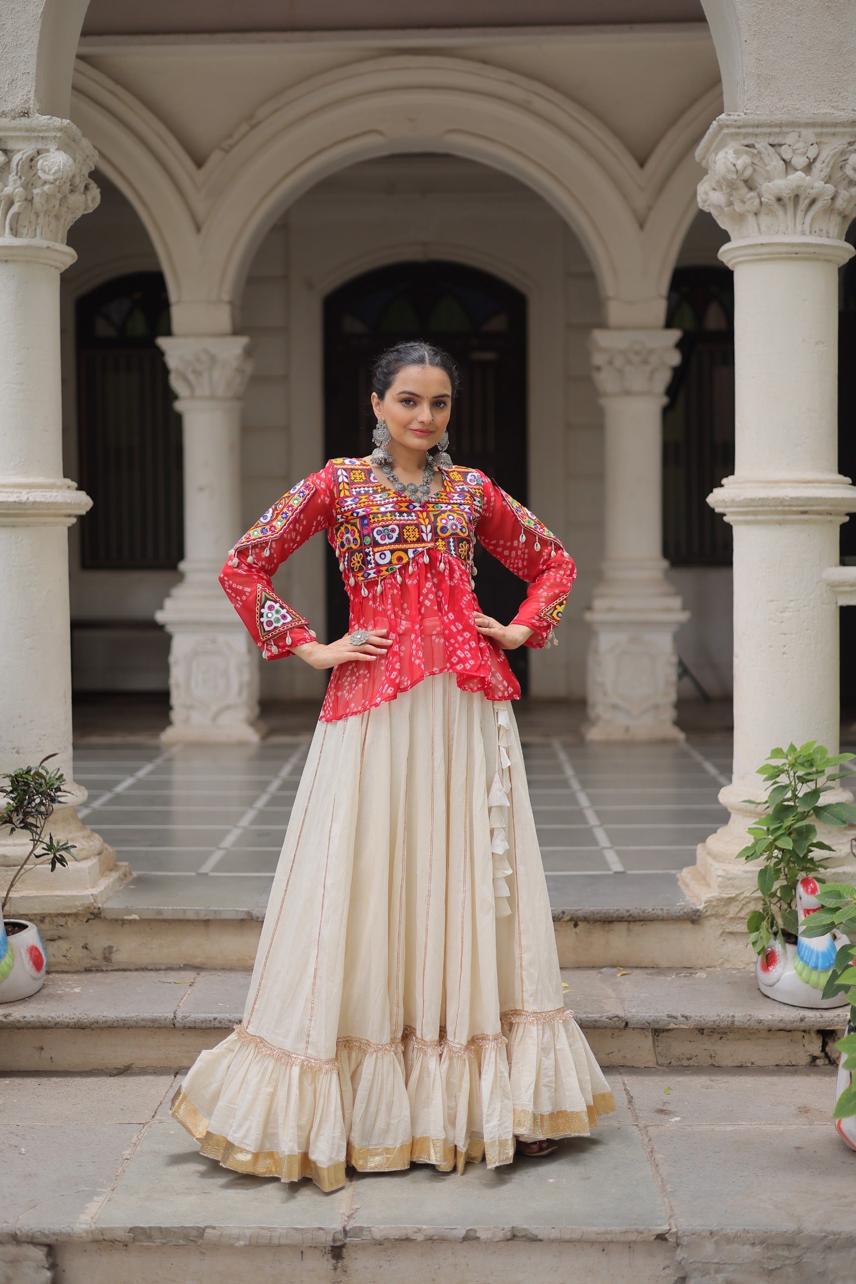Prazu Fashion Red Georgette Bandhani Print With Kutchi Gamthi Navratri Lehenga | Grocsy