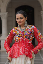 Prazu Fashion Red Georgette Bandhani Print With Kutchi Gamthi Navratri Lehenga | Grocsy