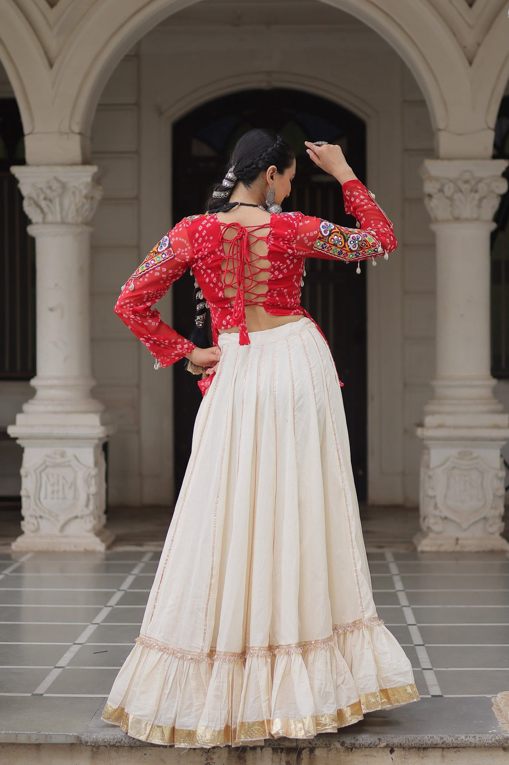 Prazu Fashion Red Georgette Bandhani Print With Kutchi Gamthi Navratri Lehenga | Grocsy