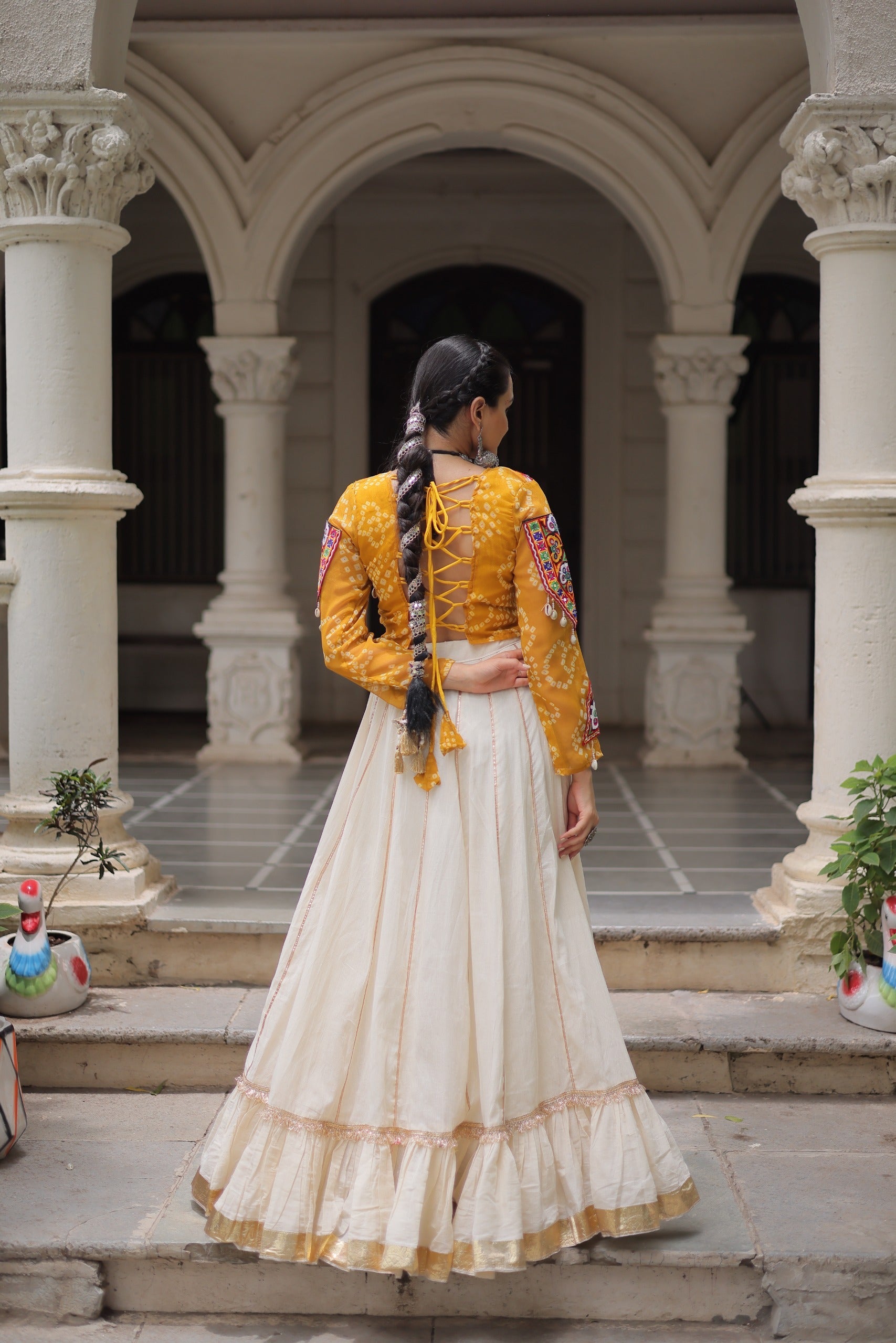 Prazu Fashion Yellow Georgette Bandhani Print With Kutchi Gamthi Navratri Lehenga | Grocsy