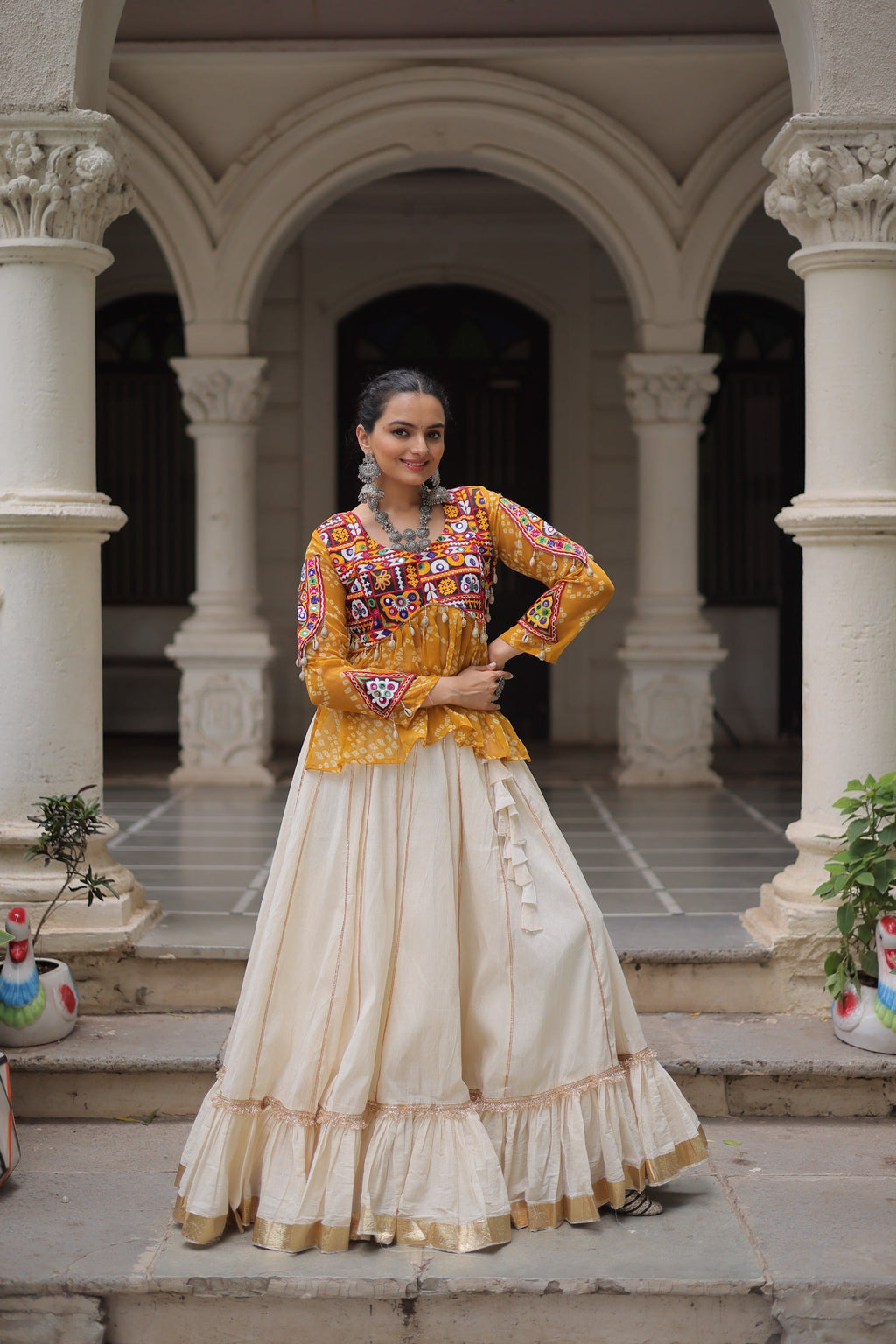 Prazu Fashion Yellow Georgette Bandhani Print With Kutchi Gamthi Navratri Lehenga | Grocsy