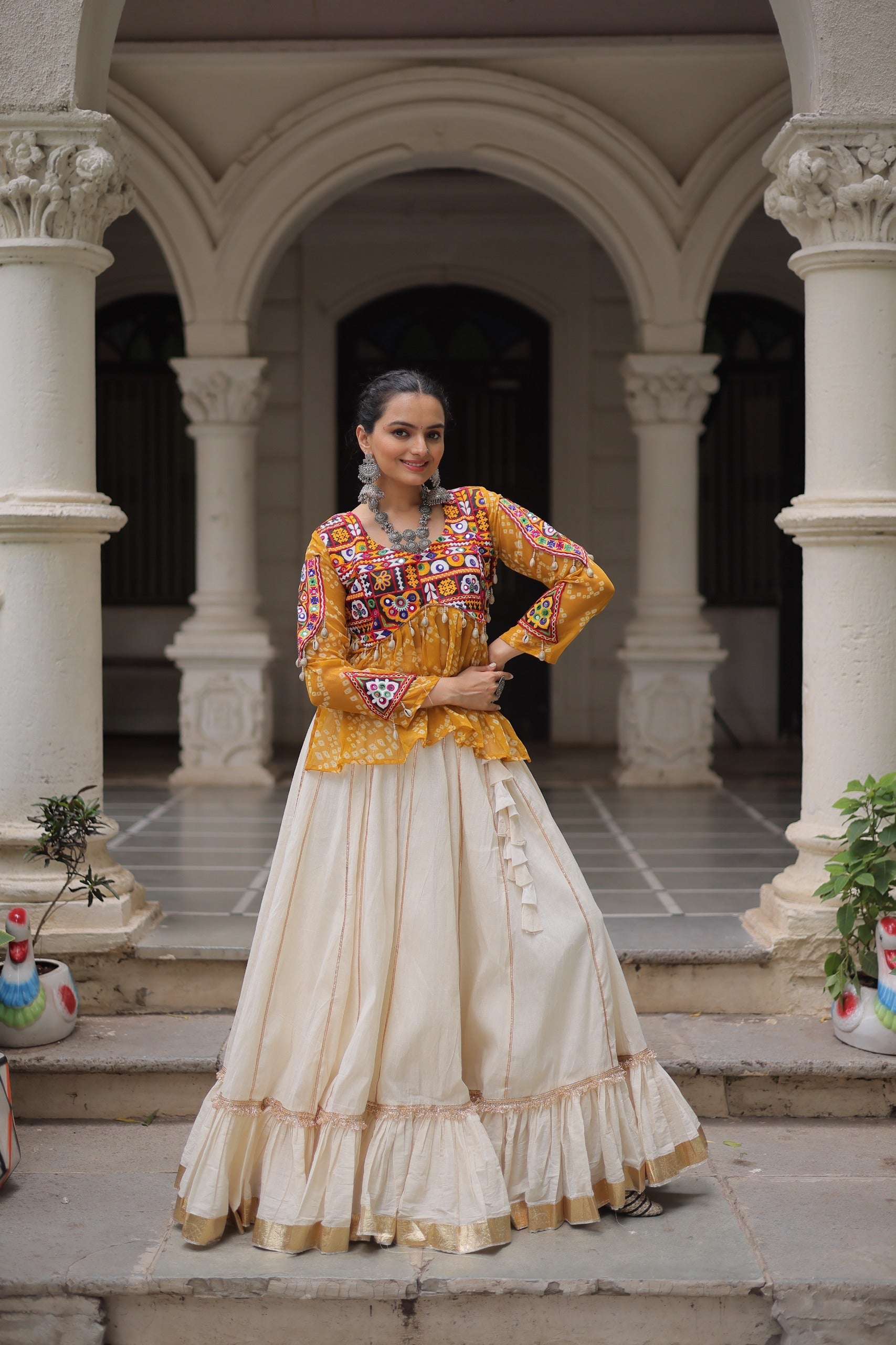 Prazu Fashion Yellow Georgette Bandhani Print With Kutchi Gamthi Navratri Lehenga | Grocsy