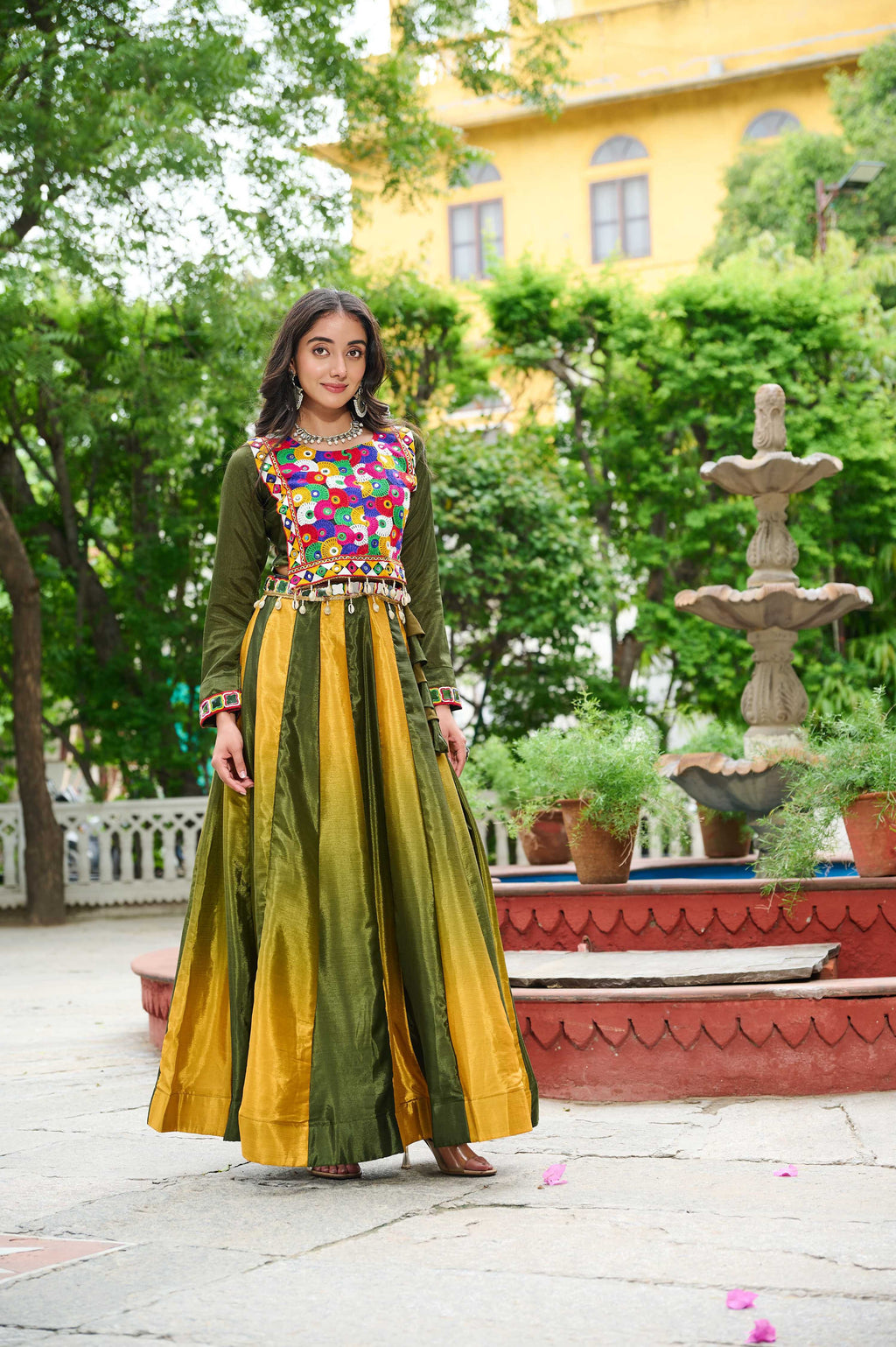 Prazu Fashion Multicolor Chinnon Padding Kutchi Gamthi Embroidered Work Navratri Lehenga | Grocsy