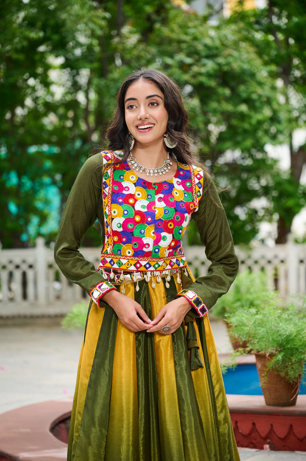 Prazu Fashion Multicolor Chinnon Padding Kutchi Gamthi Embroidered Work Navratri Lehenga | Grocsy