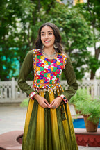 Prazu Fashion Multicolor Chinnon Padding Kutchi Gamthi Embroidered Work Navratri Lehenga | Grocsy