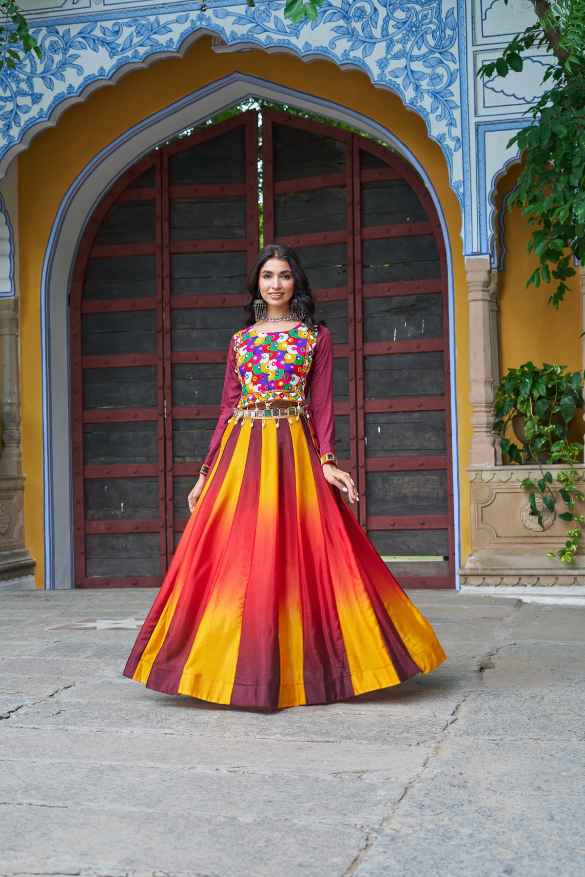Prazu Fashion Multicolor Chinnon Pedding Kutchi Gamthi Embroidered Work Navratri Lehenga | Grocsy