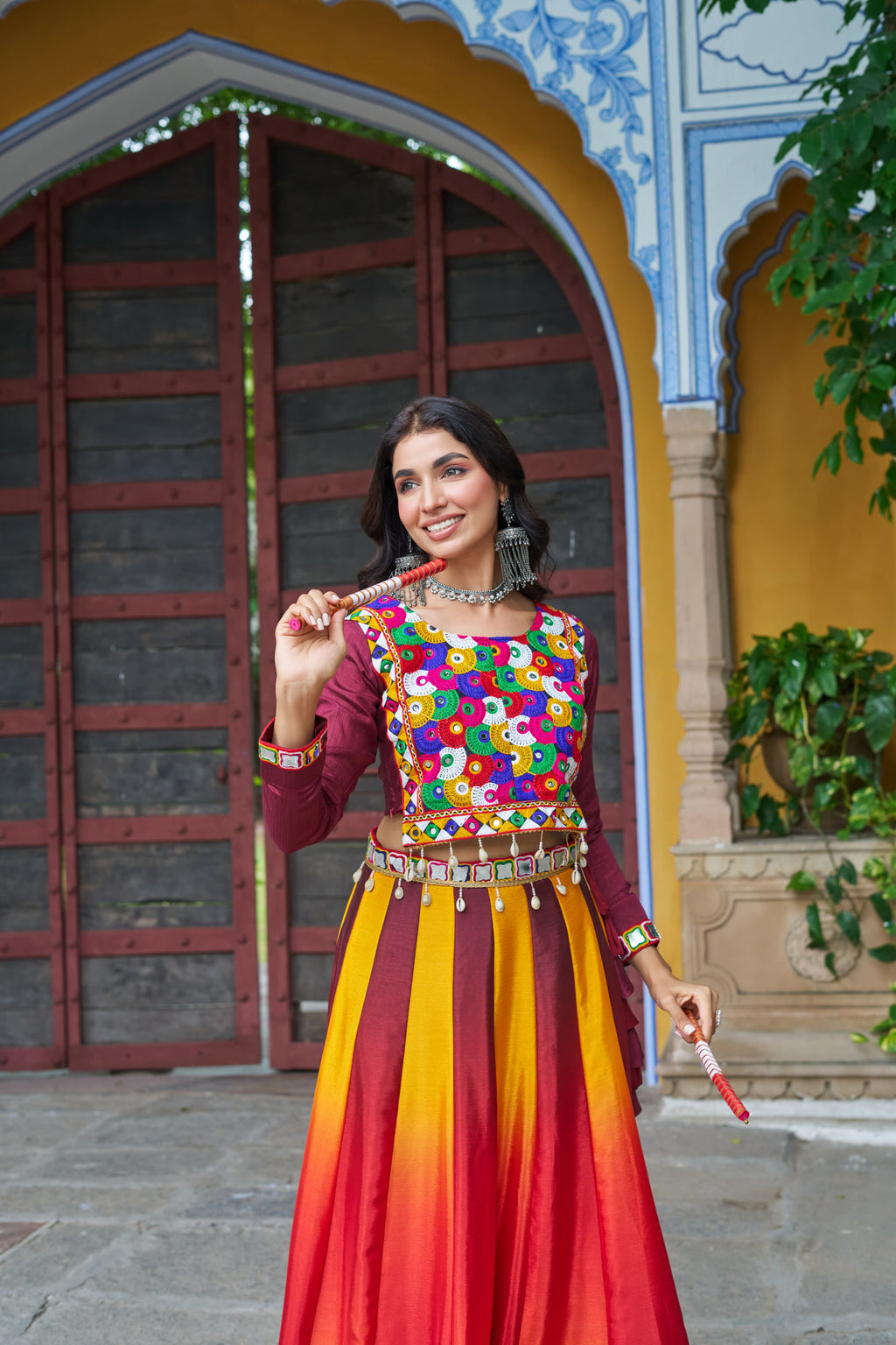 Prazu Fashion Multicolor Chinnon Pedding Kutchi Gamthi Embroidered Work Navratri Lehenga | Grocsy