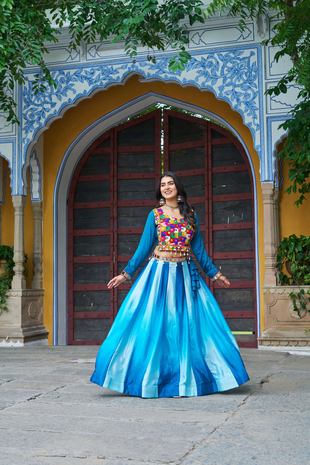 Prazu Fashion Multicolor Chinnon Pedding Kutchi Gamthi Embroidered Work Navratri Lehenga | Grocsy