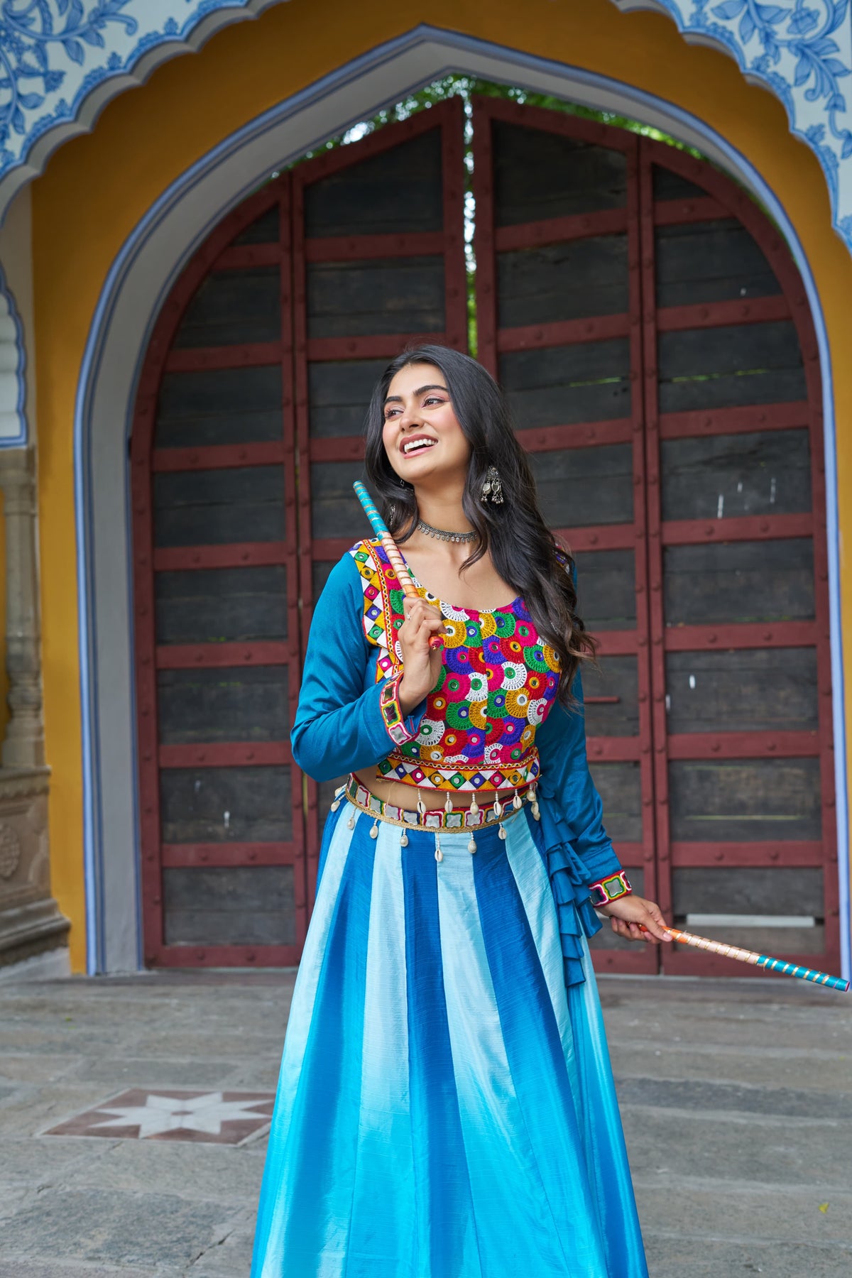 Prazu Fashion Multicolor Chinnon Pedding Kutchi Gamthi Embroidered Work Navratri Lehenga | Grocsy