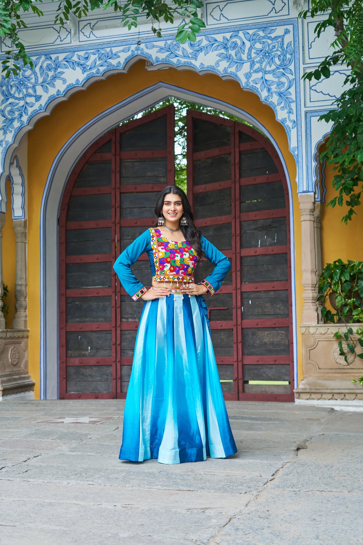 Prazu Fashion Multicolor Chinnon Pedding Kutchi Gamthi Embroidered Work Navratri Lehenga | Grocsy