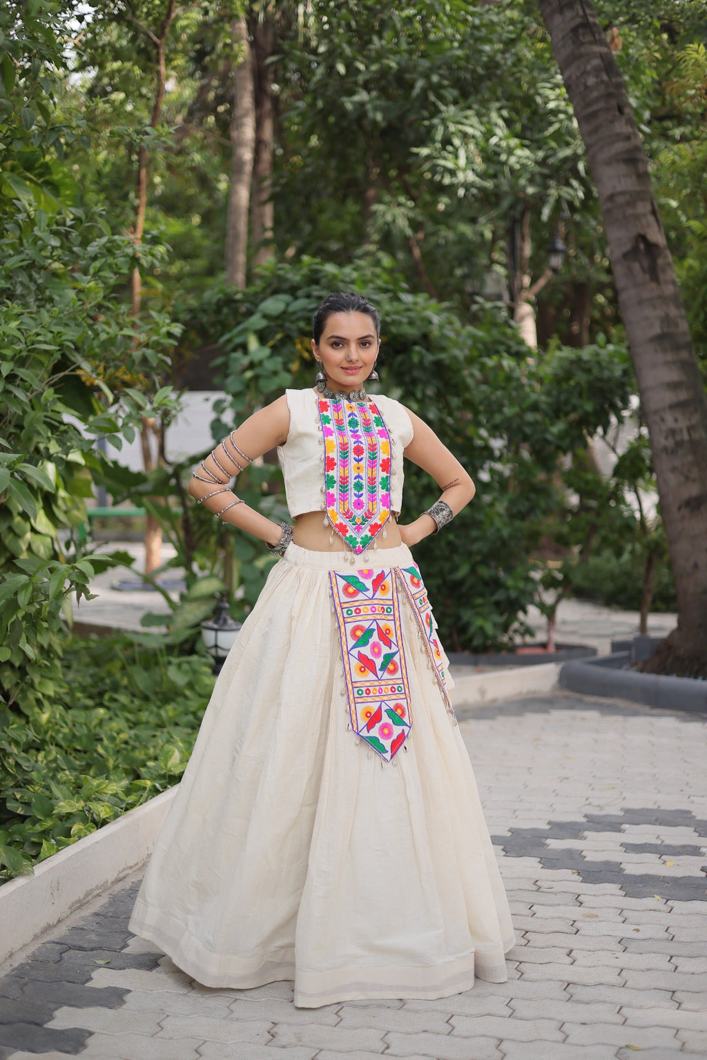 Prazu Fashion Off White Kora Cotton With Kutchi Gamthi Work Lehenga For Navratri | Grocsy