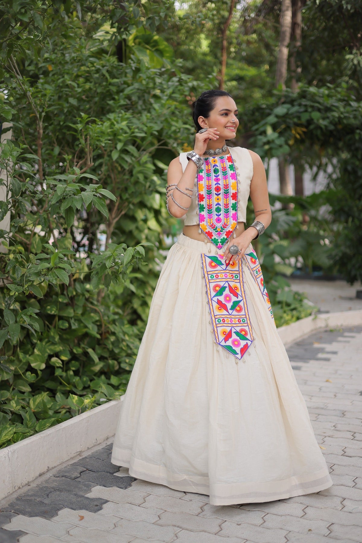 Prazu Fashion Off White Kora Cotton With Kutchi Gamthi Work Lehenga For Navratri | Grocsy