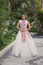 Prazu Fashion Off White Kora Cotton With Kutchi Gamthi Work Lehenga For Navratri | Grocsy