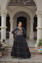 Prazu Fashion Black Georgette Leheriya Print Work With Mirror Lace Navratri Lehenga | Grocsy
