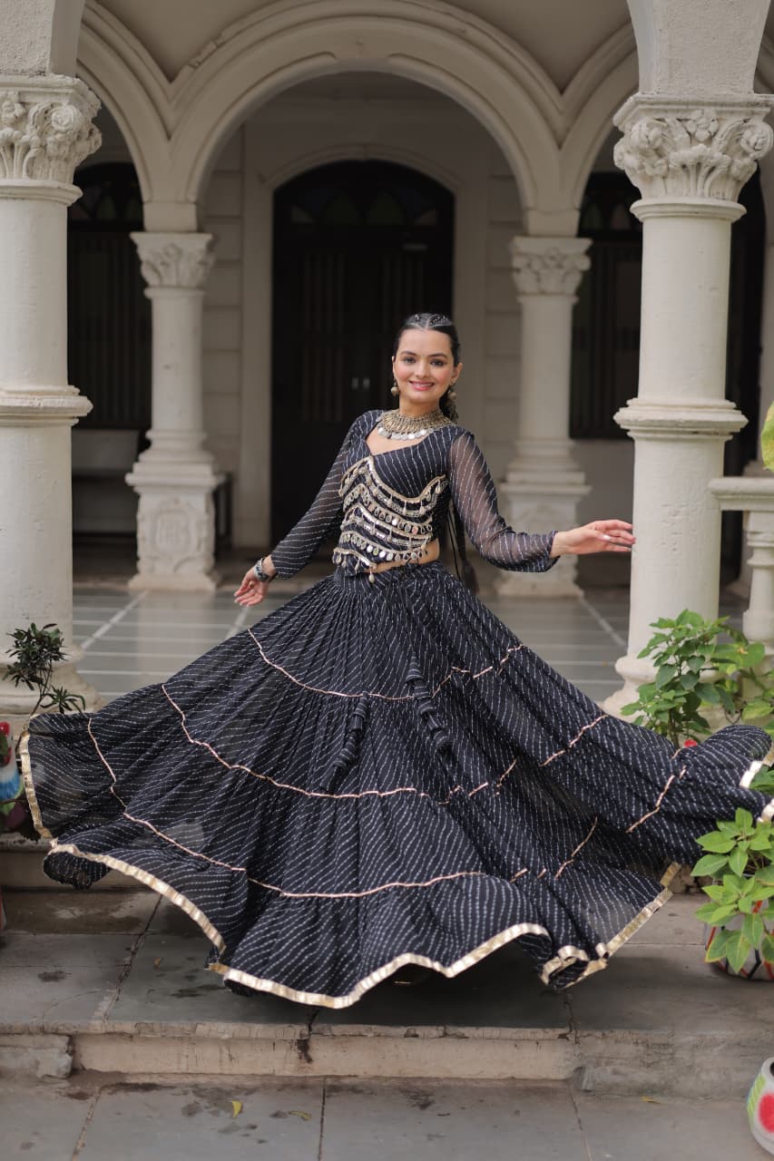 Prazu Fashion Black Georgette Leheriya Print Work With Mirror Lace Navratri Lehenga | Grocsy