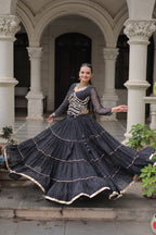 Prazu Fashion Black Georgette Leheriya Print Work With Mirror Lace Navratri Lehenga | Grocsy