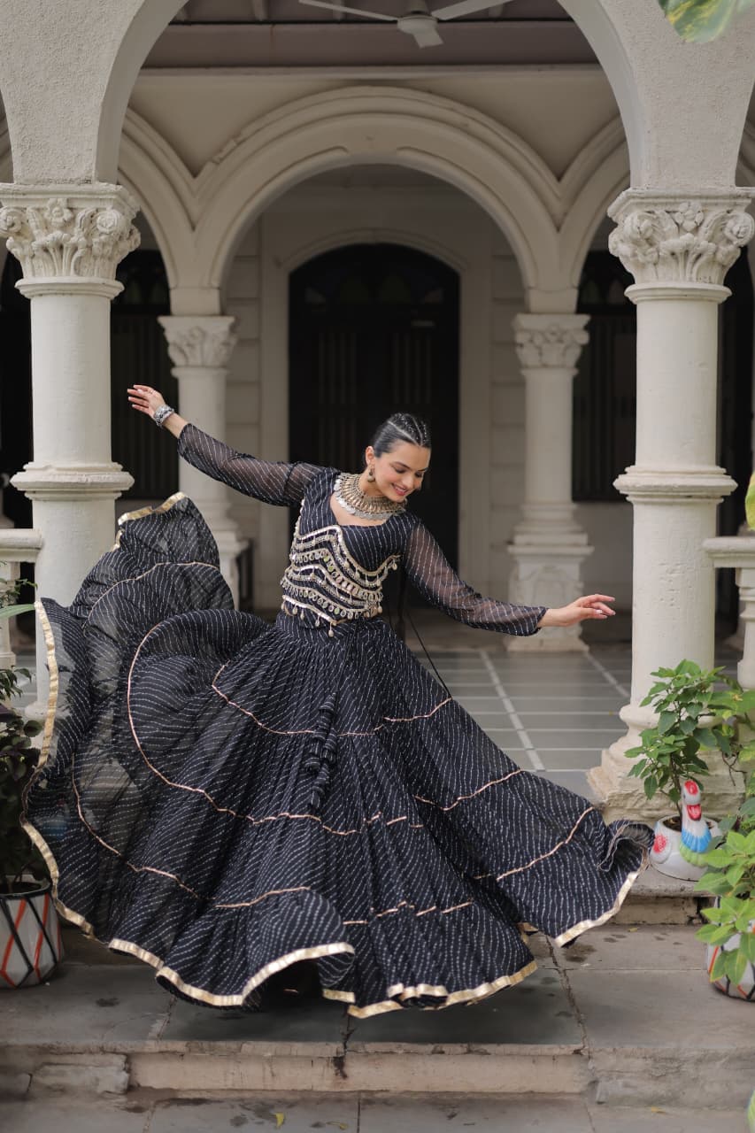 Prazu Fashion Black Georgette Leheriya Print Work With Mirror Lace Navratri Lehenga | Grocsy