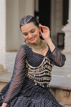 Prazu Fashion Black Georgette Leheriya Print Work With Mirror Lace Navratri Lehenga | Grocsy