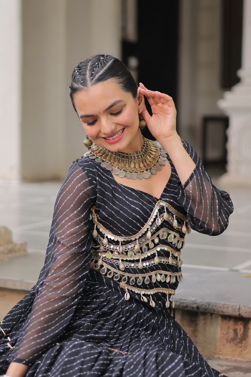 Prazu Fashion Black Georgette Leheriya Print Work With Mirror Lace Navratri Lehenga | Grocsy