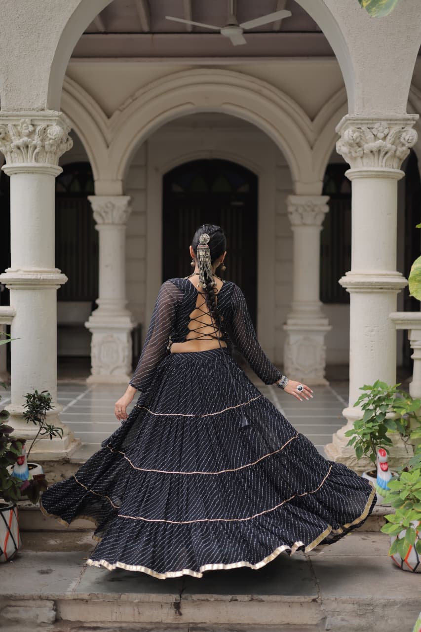 Prazu Fashion Black Georgette Leheriya Print Work With Mirror Lace Navratri Lehenga | Grocsy