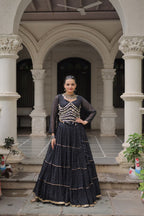 Prazu Fashion Black Georgette Leheriya Print Work With Mirror Lace Navratri Lehenga | Grocsy