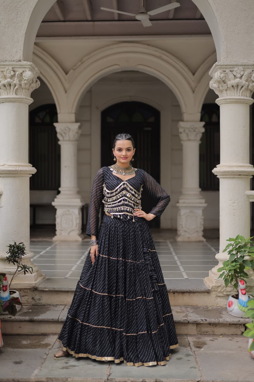 Prazu Fashion Black Georgette Leheriya Print Work With Mirror Lace Navratri Lehenga | Grocsy