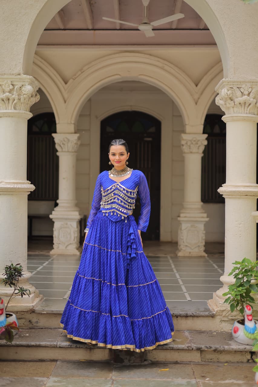 Prazu Fashion Blue Georgette Leheriya Print Work With Mirror Lace Navratri Lehenga | Grocsy