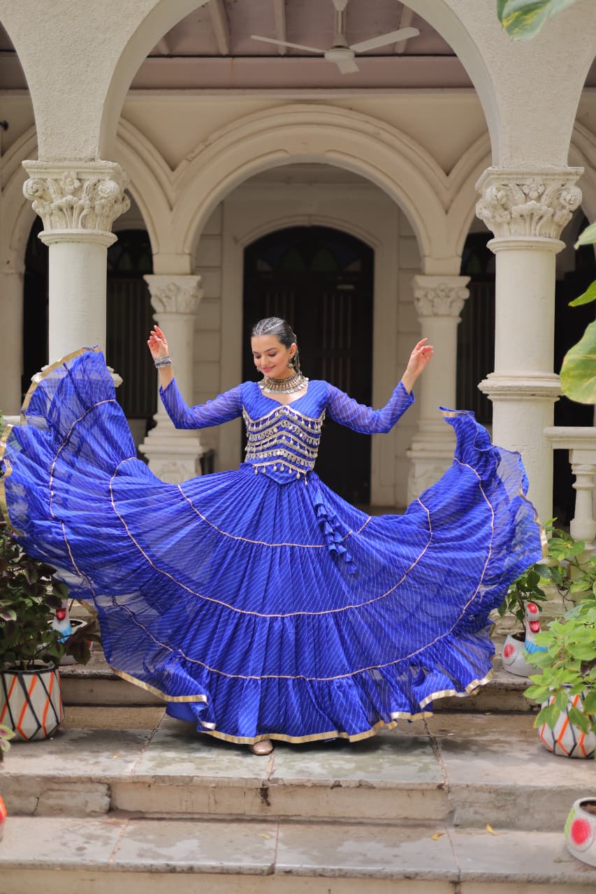 Prazu Fashion Blue Georgette Leheriya Print Work With Mirror Lace Navratri Lehenga | Grocsy