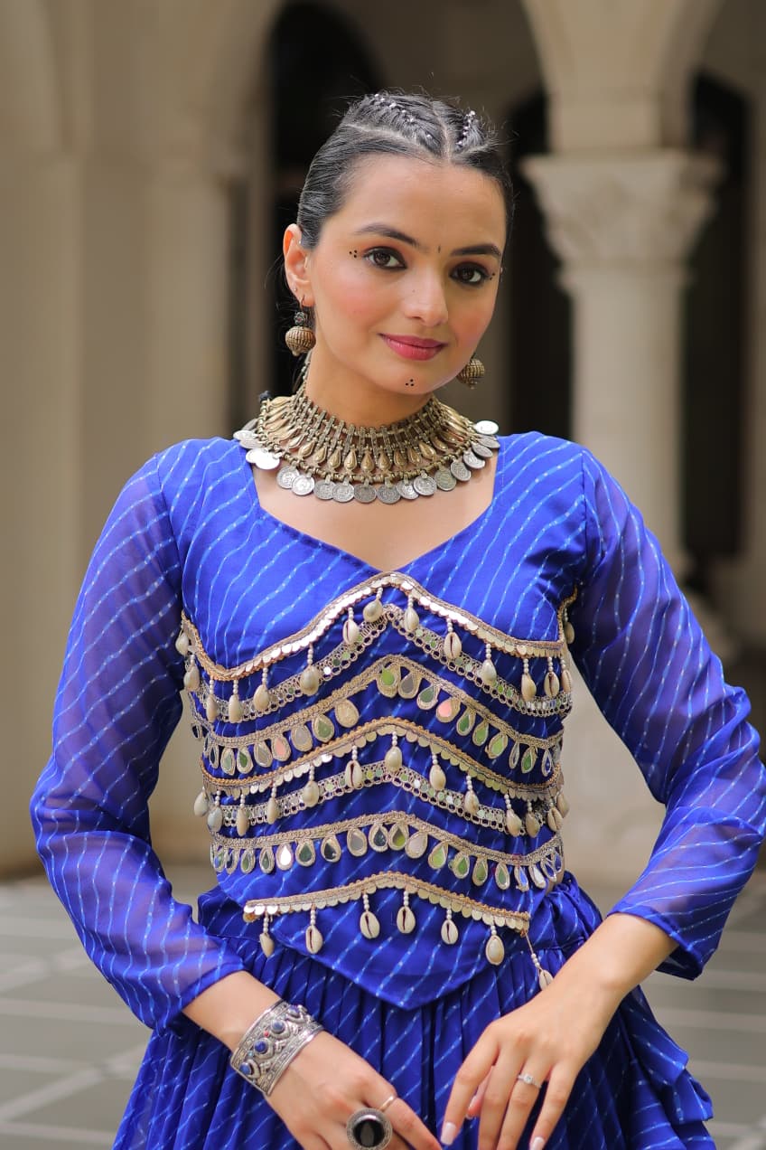 Prazu Fashion Blue Georgette Leheriya Print Work With Mirror Lace Navratri Lehenga | Grocsy