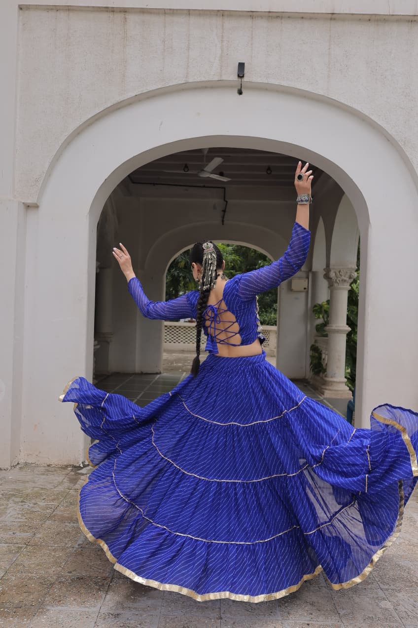 Prazu Fashion Blue Georgette Leheriya Print Work With Mirror Lace Navratri Lehenga | Grocsy