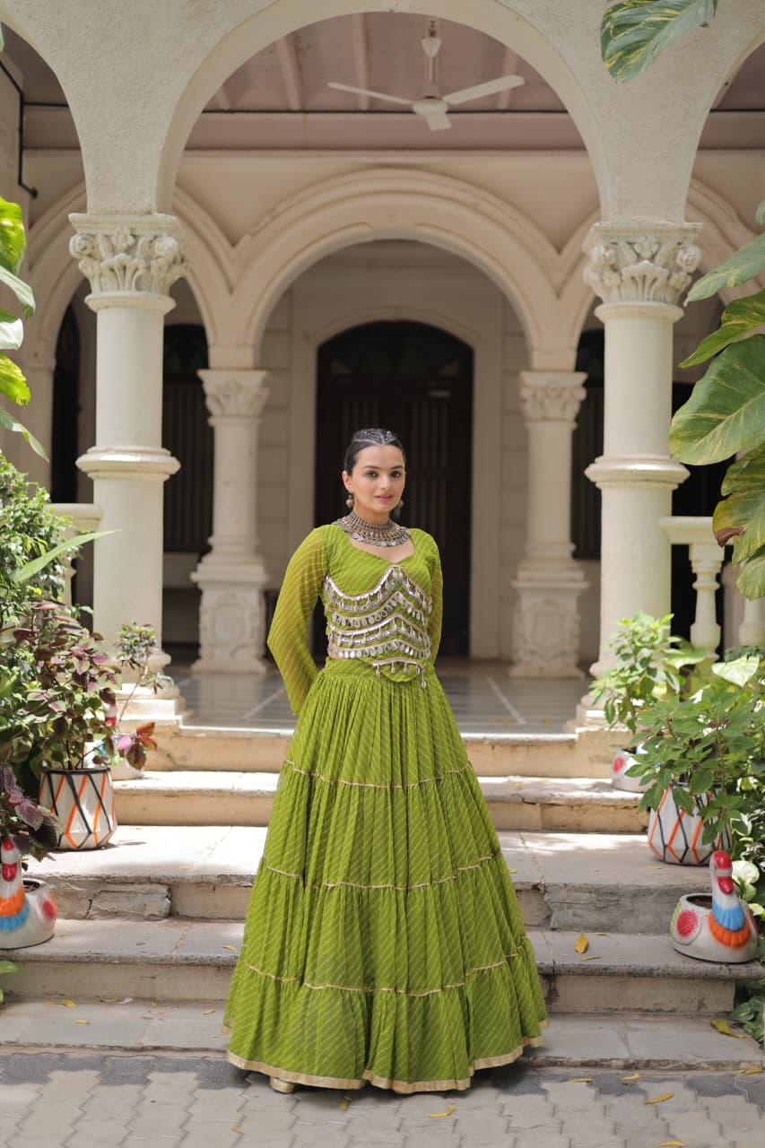 Prazu Fashion Mehendi Georgette Leheriya Print Work With Mirror Lace Navratri Lehenga | Grocsy