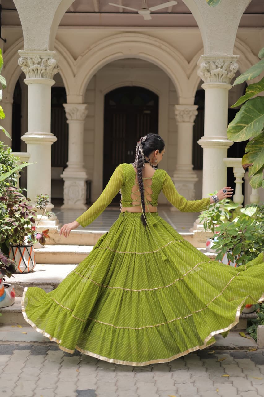 Prazu Fashion Mehendi Georgette Leheriya Print Work With Mirror Lace Navratri Lehenga | Grocsy