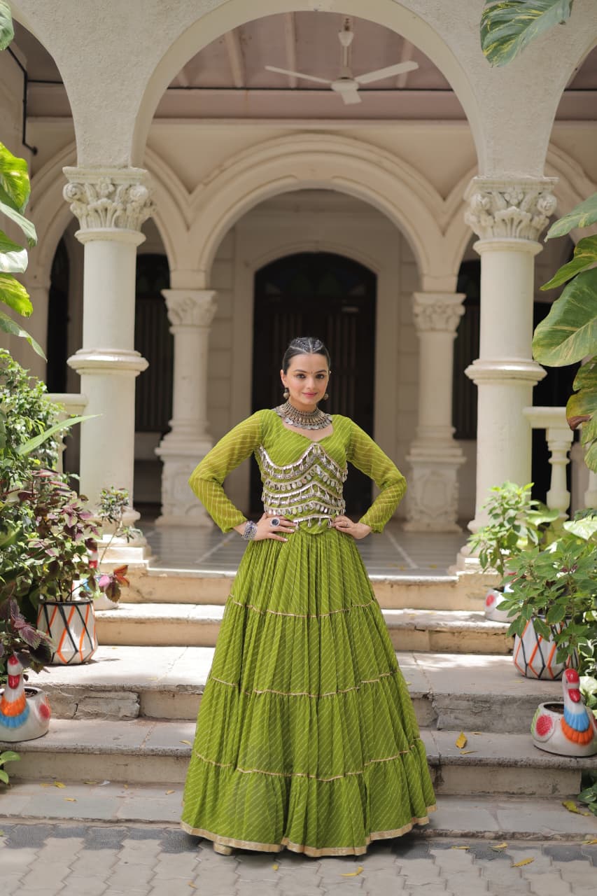 Prazu Fashion Mehendi Georgette Leheriya Print Work With Mirror Lace Navratri Lehenga | Grocsy