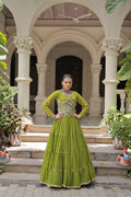 Prazu Fashion Mehendi Georgette Leheriya Print Work With Mirror Lace Navratri Lehenga | Grocsy
