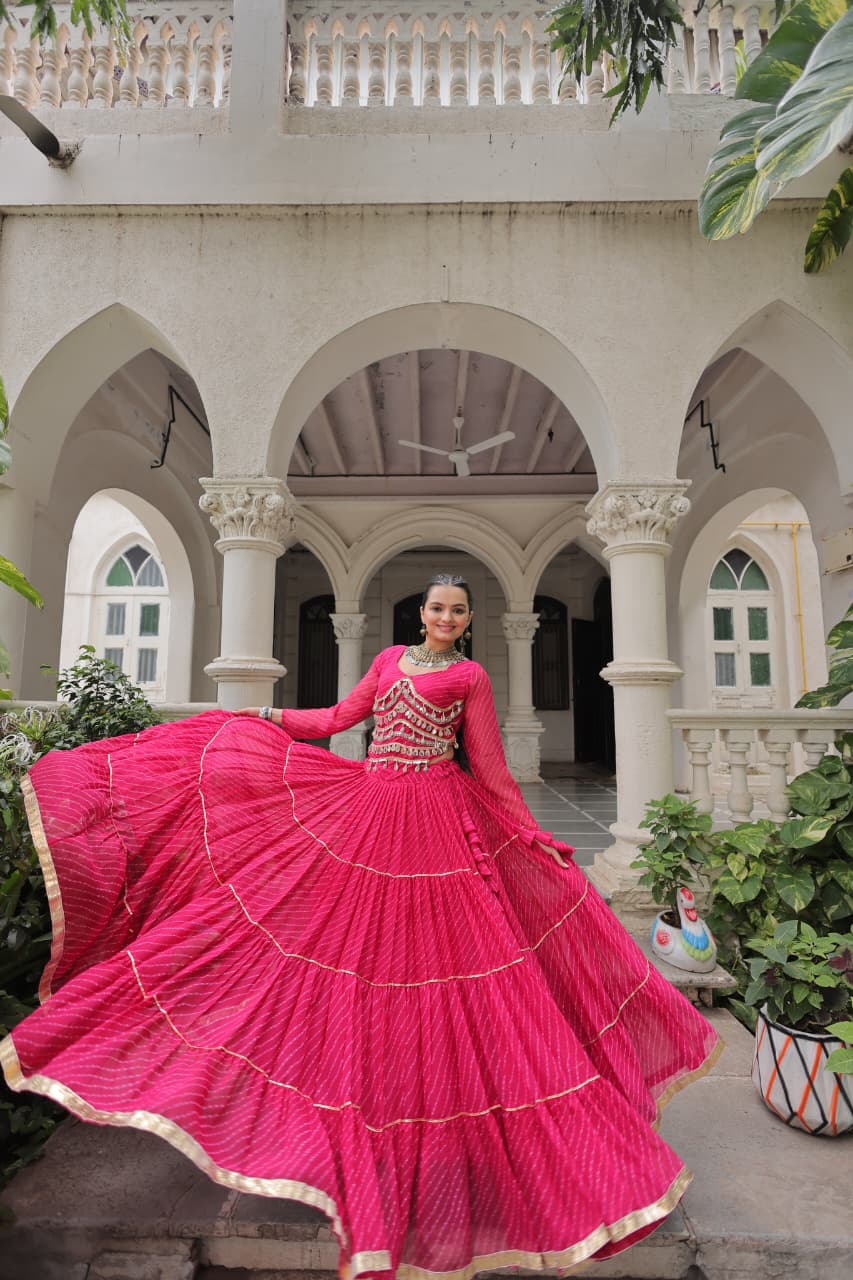 Prazu Fashion Pink Georgette Leheriya Print Work With Mirror Lace Navratri Lehenga | Grocsy