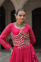 Prazu Fashion Pink Georgette Leheriya Print Work With Mirror Lace Navratri Lehenga | Grocsy