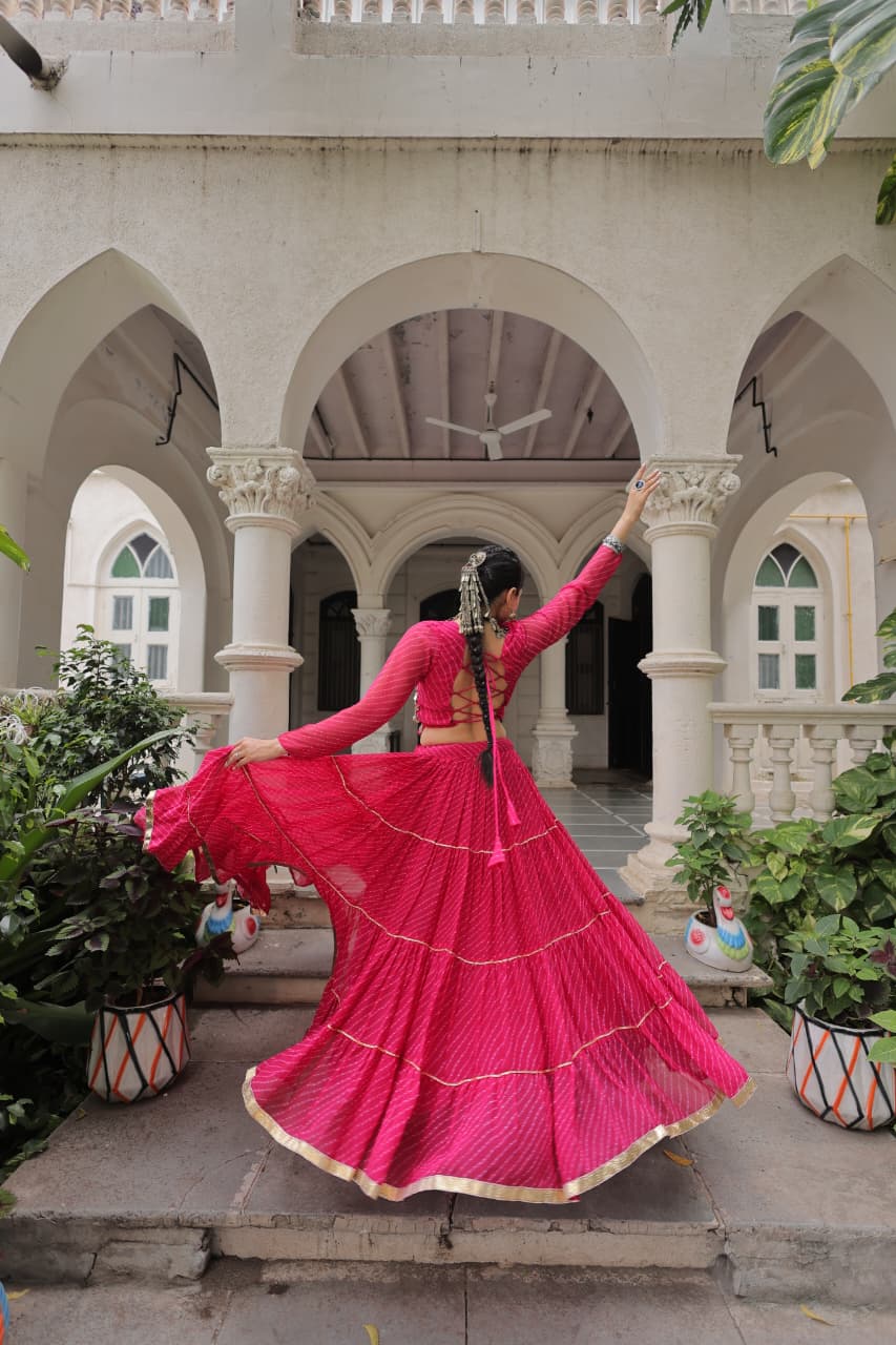 Prazu Fashion Pink Georgette Leheriya Print Work With Mirror Lace Navratri Lehenga | Grocsy