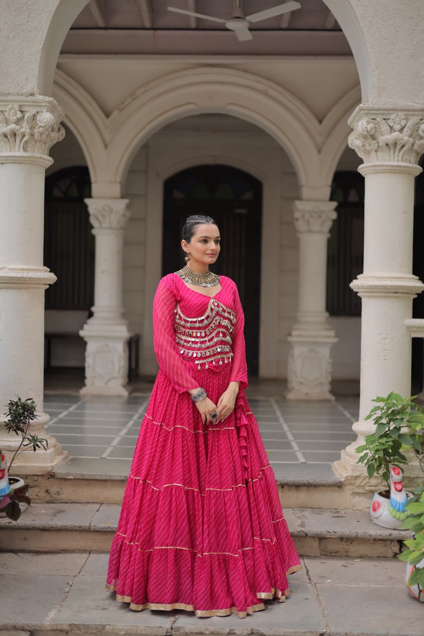 Prazu Fashion Pink Georgette Leheriya Print Work With Mirror Lace Navratri Lehenga | Grocsy