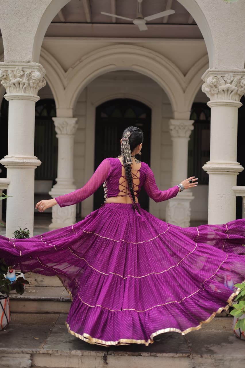 Prazu Fashion Purple Georgette Leheriya Print Work With Mirror Lace Navratri Lehenga | Grocsy