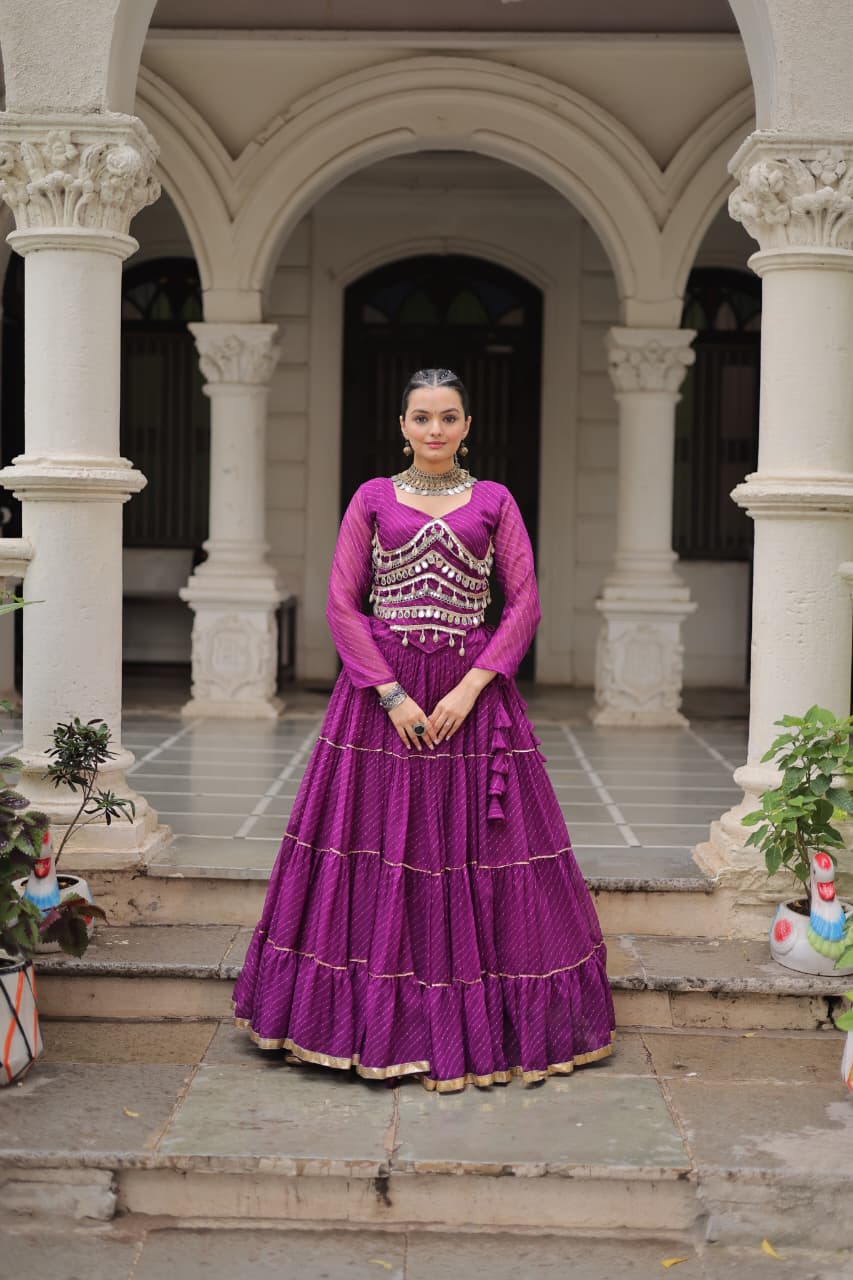 Prazu Fashion Purple Georgette Leheriya Print Work With Mirror Lace Navratri Lehenga | Grocsy