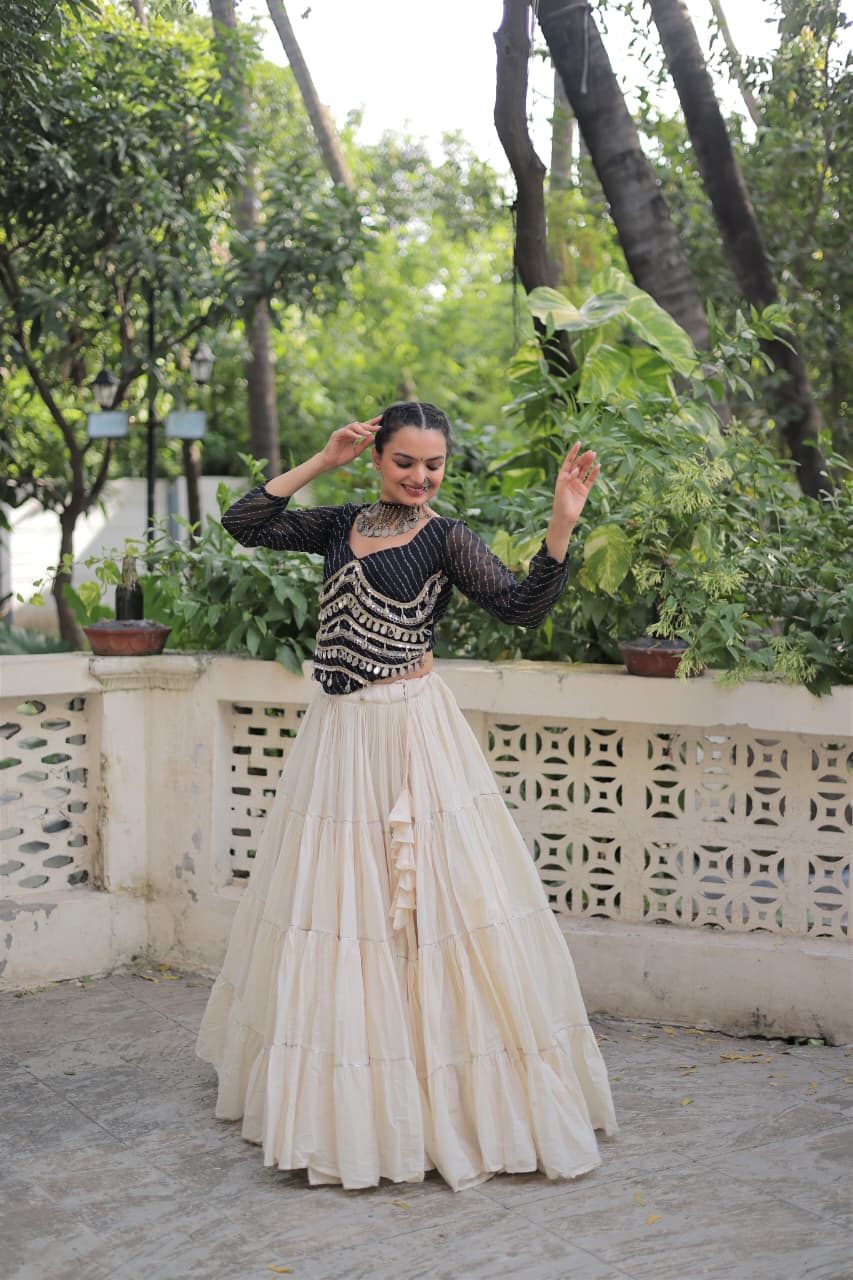 Prazu Fashion Black Georgette Leheriya Print With Attractive Mirror Lace Navaratri Lehenga | Grocsy