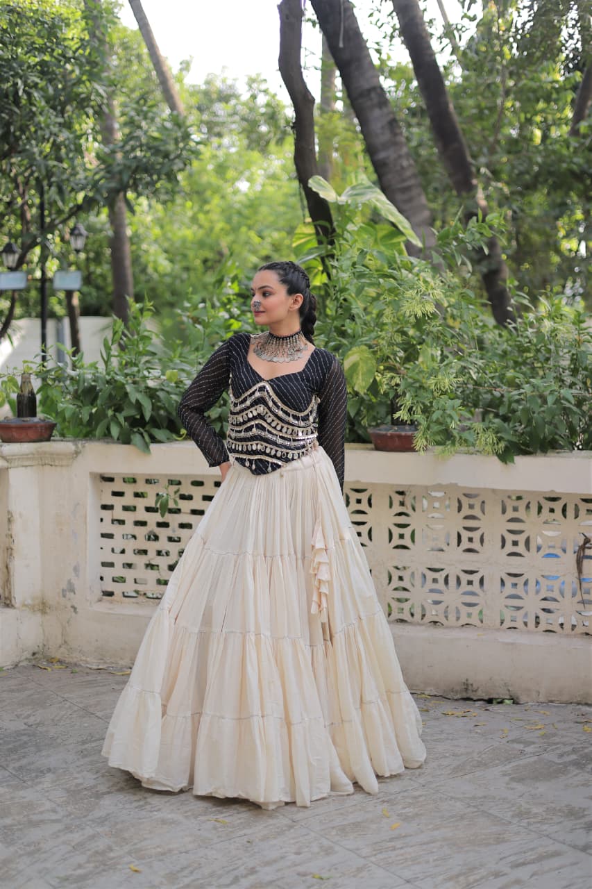 Prazu Fashion Black Georgette Leheriya Print With Attractive Mirror Lace Navaratri Lehenga | Grocsy