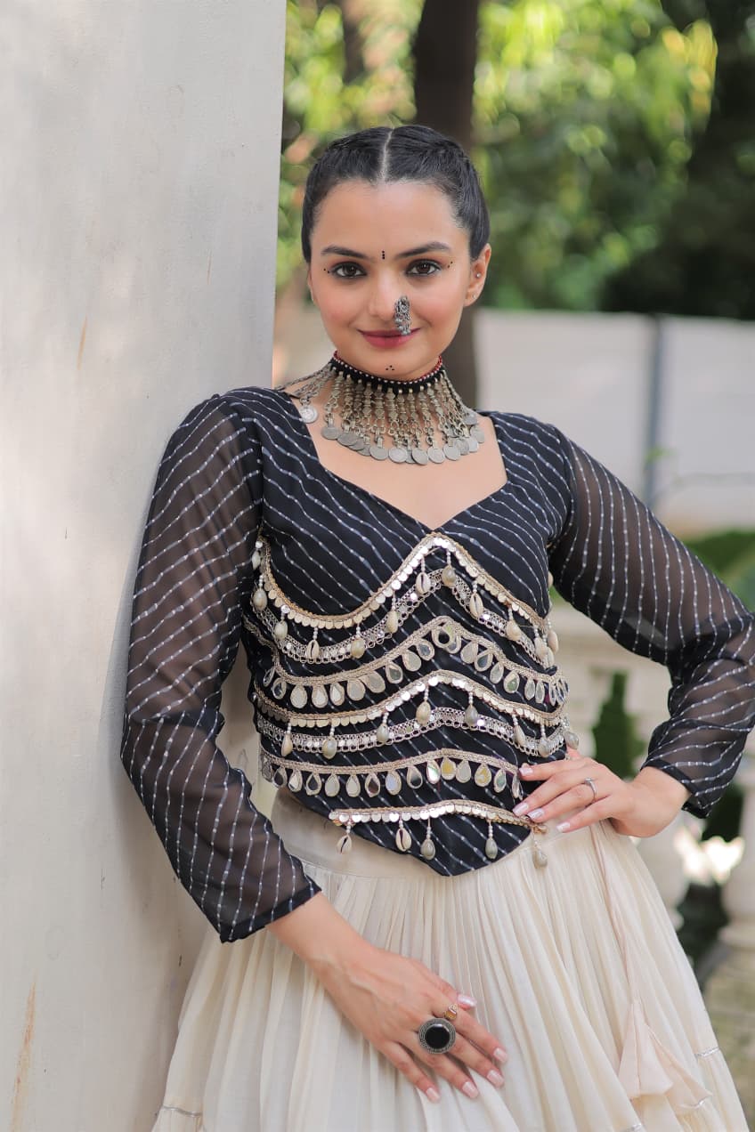 Prazu Fashion Black Georgette Leheriya Print With Attractive Mirror Lace Navaratri Lehenga | Grocsy