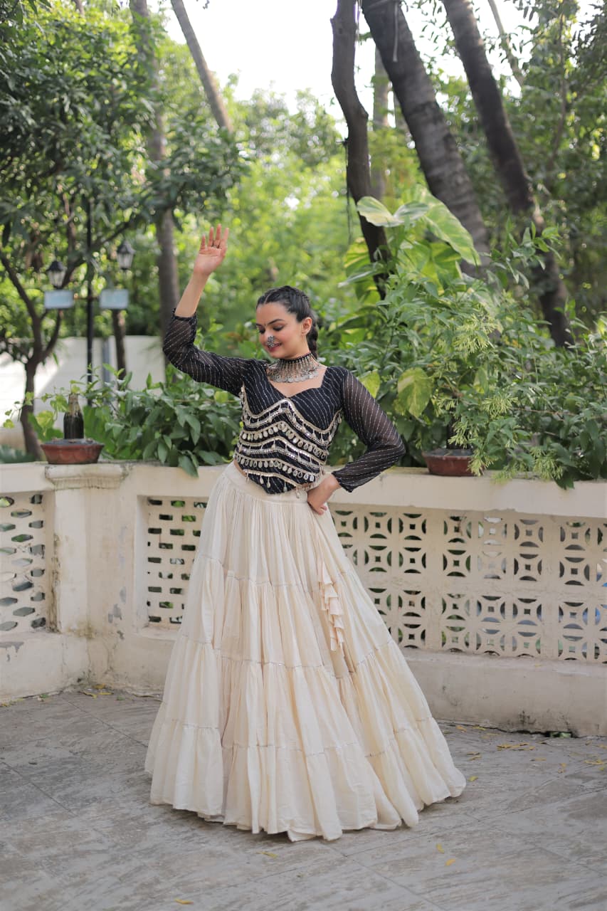 Prazu Fashion Black Georgette Leheriya Print With Attractive Mirror Lace Navaratri Lehenga | Grocsy