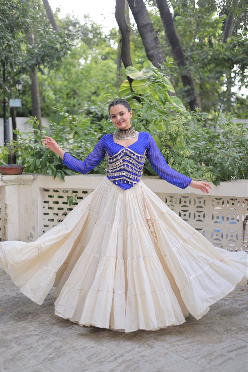 Prazu Fashion Blue Georgette Leheriya Print With Attractive Mirror Lace Navaratri Lehenga | Grocsy