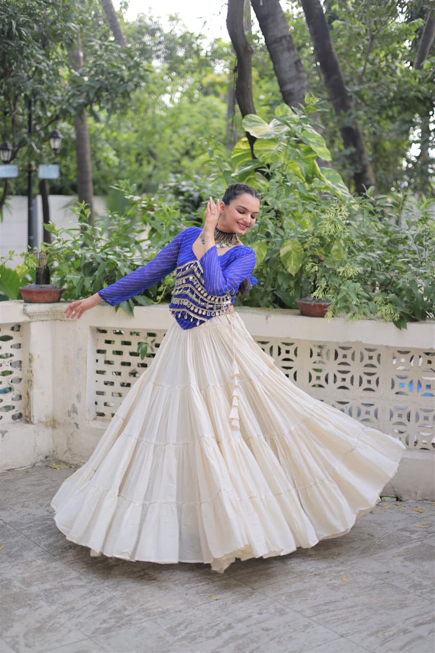 Prazu Fashion Blue Georgette Leheriya Print With Attractive Mirror Lace Navaratri Lehenga | Grocsy