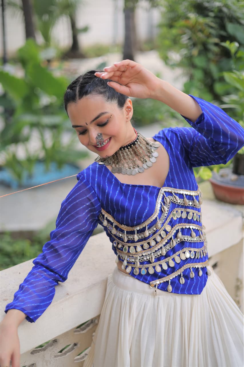 Prazu Fashion Blue Georgette Leheriya Print With Attractive Mirror Lace Navaratri Lehenga | Grocsy