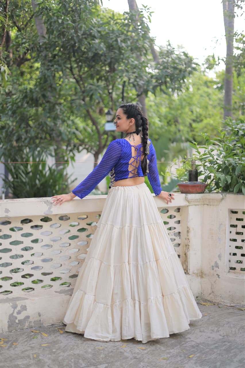 Prazu Fashion Blue Georgette Leheriya Print With Attractive Mirror Lace Navaratri Lehenga | Grocsy